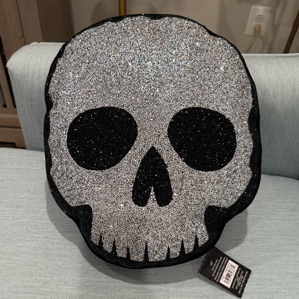 Ashland Silver and Black Diamonte Studded Skull Pillow